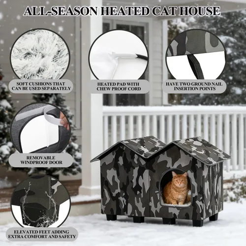 Vista 2 de Casa para gatos con calefacción al aire libre, casa elevada y aislada resistente a la intemperie para exteriores, refugio para gatos con almohadilla
