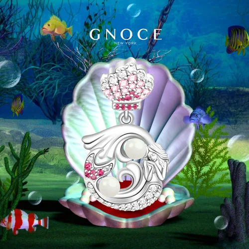 Vista 2 de GNOCE Dije de plata de ley 925 con diseño de sirena y perlas de oro rosa con circonitas cúbicas para pulseracollar, regalo para mujer (2 plata)