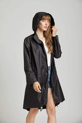 Vista 4 de Chubasquero largo impermeable para mujer con cremallera y bolsillos al aire libre