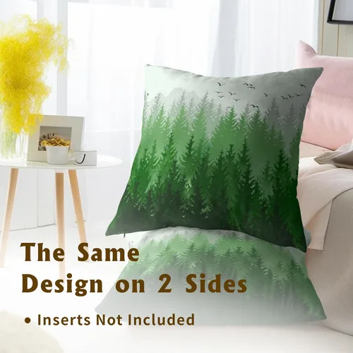 Vista 5 de Juego de 2 fundas de almohada de bosque de abedul, fundas de almohada decorativas de montaña de madera verde oscuro brumoso de 16 x 16 pulgadas