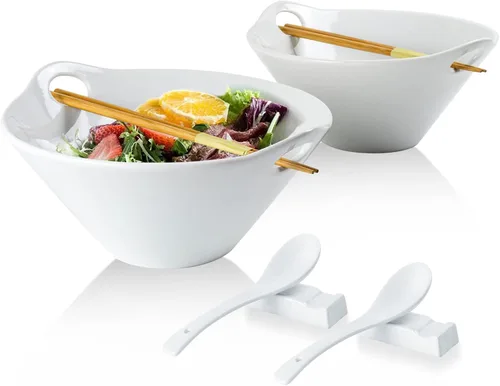Vista 16 de UNICASA Juego de 2 cuencos japoneses para ramen con palillos, cucharas y reposos, 26 onzas, para fideos de porcelana profunda, Udon, Pho, ensalada