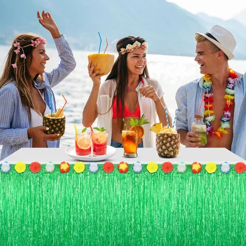 Vista 6 de Morcheiong Paquete de 1 falda de mesa de hierba Luau, 9 pies x 29.5 pulgadas, falda de mesa hawaiana para Tiki, selva, suministros de decoración