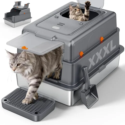 Vista 10 de FURTIME Pequeña caja de arena de acero inoxidable con tapa para gatito, caja de arena cerrada de metal para gatos pequeños, caja de gato con caja