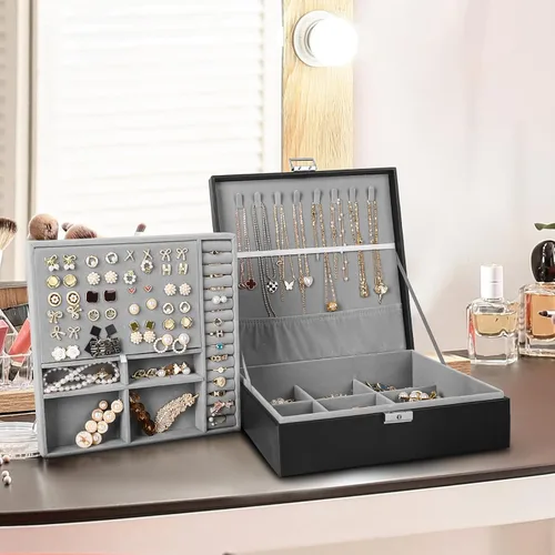 Vista 7 de Joyero joyero para mujeres y hombres con piel sintética organizador de joyas grande de 2 capas con cerradura para collares pulseras aretes anillos
