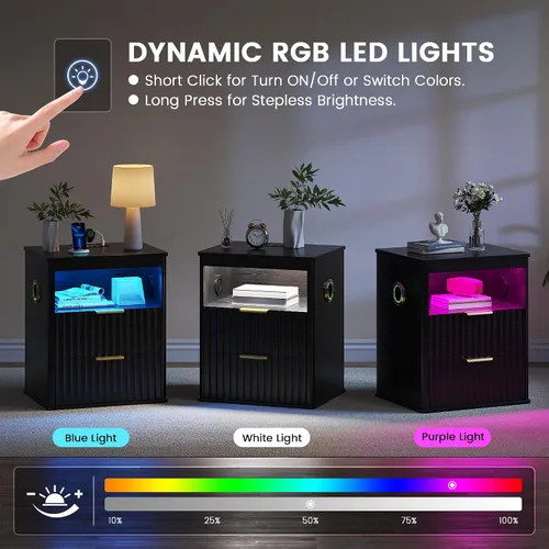 Vista 7 de Gurexl Mesita de noche inteligente con altavoz Bluetooth, moderna mesita de noche con luces LED RGB y estación de carga inalámbrica, soporte