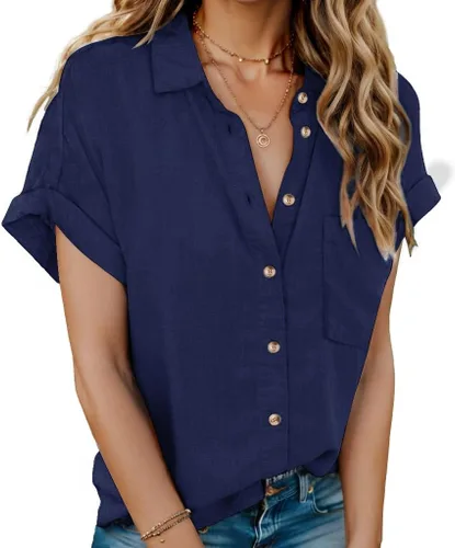Vista 12 de HOTOUCH Camisas de Lino para Mujer con Botones Blusas de Manga Corta de Algodón Cuello en V con Cuello Tops de Gasa con Botones S-3XL