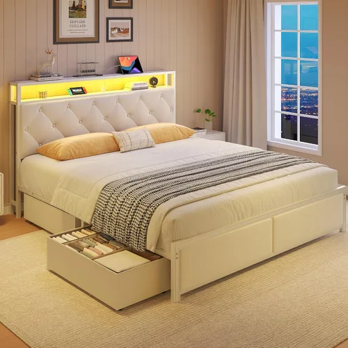 Vista 7 de Fluest Base de cama Queen con cabecero, cajones de almacenamiento, estación de carga rápida, luces LED, marco de cama tamaño Queen con cajones