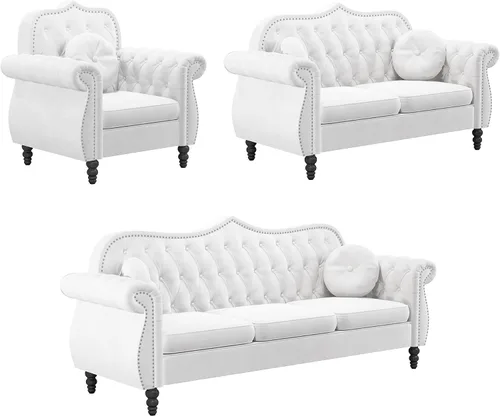 Vista 8 de AVZEAR Juego de sofá seccional de 3 piezas para sala de estar, sofá Chesterfield tapizado en terciopelo moderno de mediados de siglo, sofá de Blanco