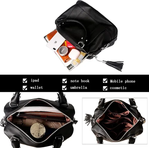 Vista 4 de Heshe Bolso de hombro de piel auténtica para mujer con asa superior bolso cruzado para oficina mujer y mujer cartera larga clip de dinero tarjetero