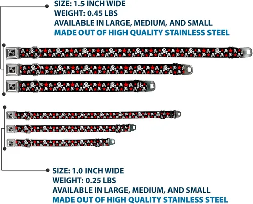 Vista 3 de Buckle-Down Collar de perro con hebilla de cinturón de seguridad, calaveras y estrellas, negro/blanco/rojo, 1 pulgada de ancho, se adapta a cuello