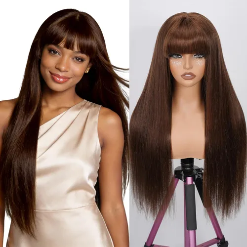 Vista 19 de Straight Human Hair Wigs with Bangs 180% Density 2x4 Lace Front Wigs with Bangs Closure Wear and Go Glueless Wigs 100% Brazilian Virgin Human Hair