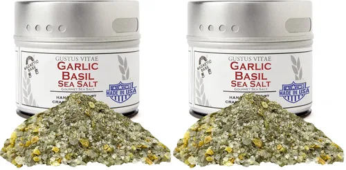 Vista 10 de Gustus Vitae - Sal marina de ajo y albahaca - Sin OMG - Lata magnética - 2.5 onzas - Auténtica mezcla de condimentos gourmet y especias artesanales
