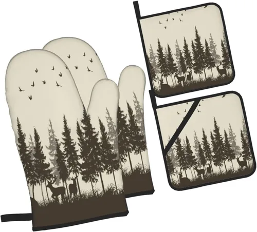 Vista 2 de Juego de 4 manoplas de horno y soportes para ollas, ciervos en el bosque, cabaña, niebla, pájaros, montaña, caza, amarillo y café, alce, guantes