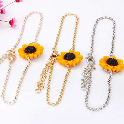 Vista 4 de Collar con colgante de hoja de perlas de girasol dulce, cadena clavicular de resina con margarita, joyería de moda para mujer