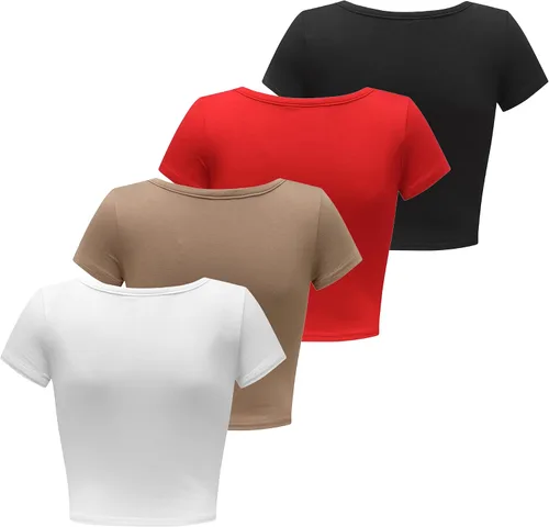 Vista 3 de Formeet17 4 piezas de camisetas cortas básicas con cuello redondo y manga casquillo para mujer
