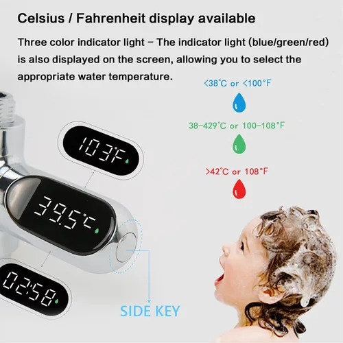 Vista 4 de Termómetro de ducha, indicador de temperatura de agua con pantalla LED 360 para baño de bebé