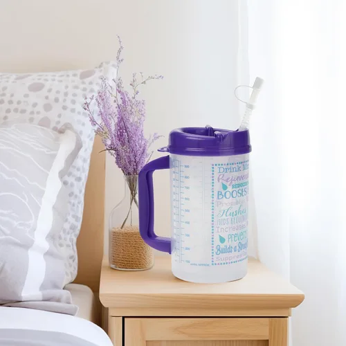 Vista 5 de Vaso de hospital con seguimiento de agua de bebida para medición diaria de ingesta con pajilla, taza de 32 onzas con tapa (morado)
