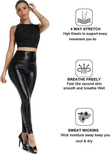 Vista 4 de KIWI RATA - Leggings de piel sintética de poliuretano, cintura alta, para mujer, con levantamiento de glúteos, color negro, sexy, para deportes