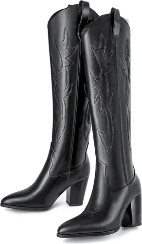 Vista 3 de Mostrin Botas vaqueras bordadas para mujer, botas vaqueras con punta puntiaguda, botas altas hasta la rodilla, tacón grueso, botas occidentales