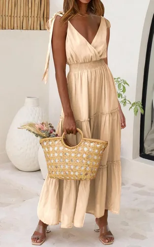 Vista 7 de Prettygarden Vestido largo de verano, con cuello cruzado, para mujer, sin mangas, escalonado, con tirantes fruncidos, para la playa, vestido largo