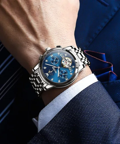 Vista 2 de OLEVS Relojes automáticos de cuerda automática para hombre, vestido de lujo, de acero inoxidable, de acero inoxidable, reloj de pulsera mecánico