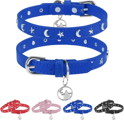 Vista 8 de Collar de cuero para perros pequeños, collar suave y ajustable con remaches de estrella y luna para perros machos y hembras, collares para cachorros
