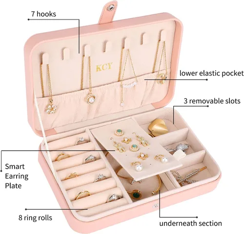 Vista 2 de KCY Joyero para mujeres y niñas pequeño estuche organizador de joyas de viaje cajas de almacenamiento de joyas portátiles de piel sintética soporte