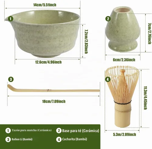 Vista 3 de Kit de fabricación de matcha de 4 piezas, cuenco de cerámica, batidor y cuchara de bambú, tamiz de matcha y soporte