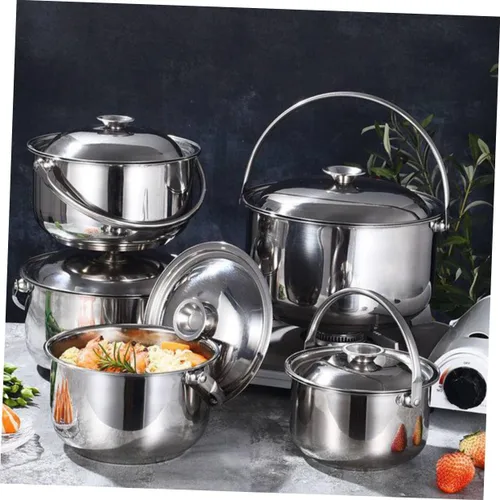 Vista 5 de KICHOUSE Olla de cocina de acero inoxidable Olla de acero inoxidable Petit Kitchen Stock con tapa Tazones grandes para mezclar Multifuncional