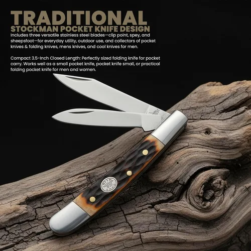 Vista 2 de Rite Edge SZCO - Cuchillo de bolsillo plegable de 2.75 pulgadas de Jig Bone Peanut - Cuchillo de acero inoxidable de 2 hojas para hombres con mango