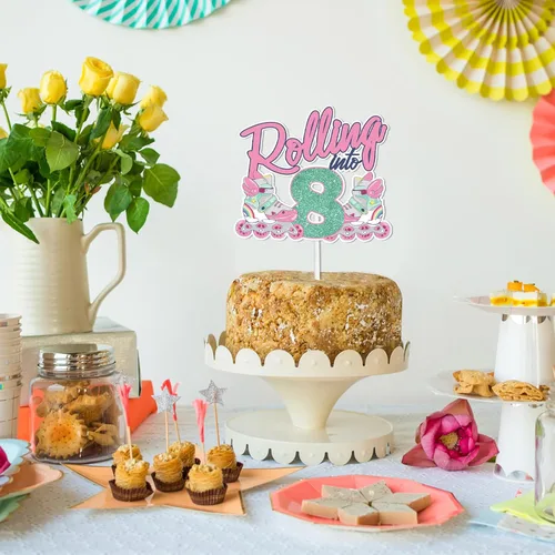 Vista 7 de Decoración de 8 pasteles con purpurina rosa para tartas para patines retro de los años 80 y 90, hip hop, patinaje sobre ruedas, suministros