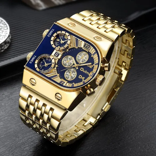 Vista 3 de GORBEN Creative Gold Watch - Reloj de cuarzo para hombre, 3 zonas horarias, reloj grande de acero inoxidable, reloj deportivo militar masculino