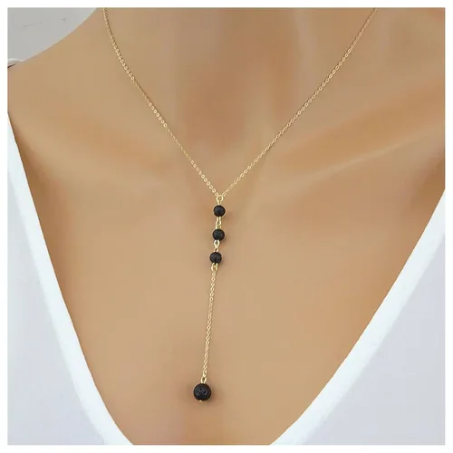 Vista 2 de Andelaisi Collar bohemio con cuentas de lava Lariat Y de piedra de lava negra, collar de cuentas de lava vintage, collar de cadena redonda de piedra