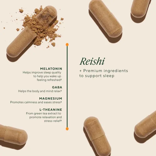 Vista 5 de OM MUSHROOM SUPERFOOD Cápsulas de hongos para dormir, suplemento superalimentario, 90 unidades, 30 días, Reishi, GABA, L-teanina, melatonina