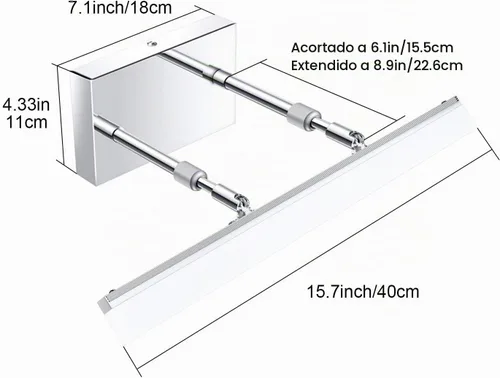 Vista 7 de Aipsun Luces LED de tocador de 15.7 pulgadas ajustables para baño, lámpara de pared para baño, accesorio de iluminación sobre espejo cromado moderno