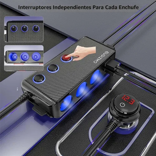 Vista 4 de EUGIZMO 7 en 1 divisor de encendedor de cigarrillos para coche, adaptador de cargador de 3 zócalos 200W