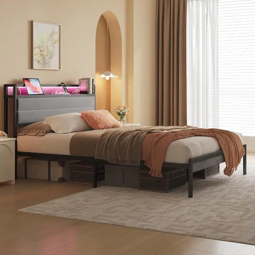 Vista 9 de LIKIMIO - Base de cama Queen con cabecero, luces LED y estación de carga