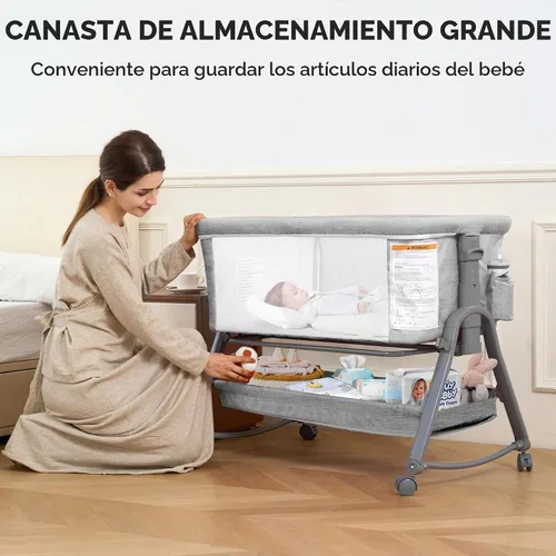 Vista 4 de Real Relax Moisés para bebé, cuna mecedora 3 en 1 para bebé con 6 alturas ajustables, laterales y colchón de malla transpirable, cesta de Gris