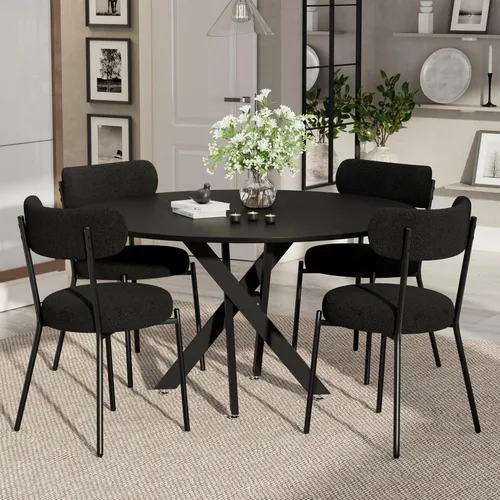 Vista 21 de Moderno juego de mesa de comedor redonda de 3 piezas, mesa de MDF circular negra y 2 sillas de comedor negras Boucle, muebles de cocina con marco