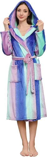 Vista 67 de HEARTNICE Bata de forro polar con capucha para mujer, bata de baño suave para mujer, bonito abrigo largo para casa