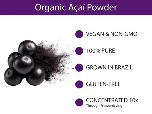 Vista 4 de KOYAH - Acai en polvo orgánico, liofilizado: 50 porciones Polvo de bayas enteras, 100% puro, sin ácido cítrico añadido, ideal para batidos