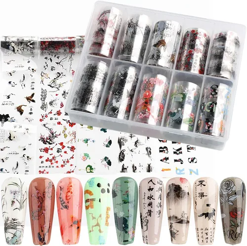 Vista 11 de Kit de 10 rollos de calcomanías de transferencia de papel de aluminio para uñas, diseño de pintura de tinta de bambú, láminas de papel de aluminio