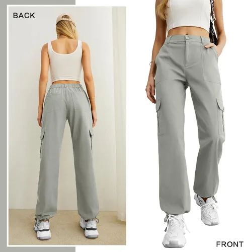Vista 5 de Pantalones cargo de cintura alta para mujer, pantalones de viaje Y2K Streetwear holgados elásticos con 6 bolsillos con cordón en los tobillos