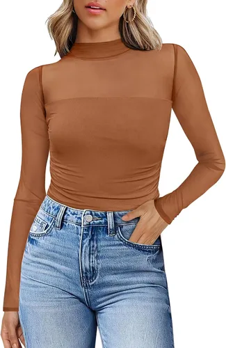 Vista 37 de Camisas de manga larga de malla sexy para mujer, ropa de moda, cuello de tortuga, drapeada, para salir, trajes de otoño, blusas ajustadas Negro