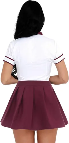 Vista 5 de YOOJIA Uniforme para mujer, disfraz de cosplay de manga corta, camisa de corbata con falda a cuadros, conjuntos de 3 piezas