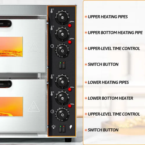 Vista 3 de Shikha Horno de pizza comercial de 16 pulgadas, máquina eléctrica de doble capa para hacer pizza con piedra, temporizador de acero inoxidable