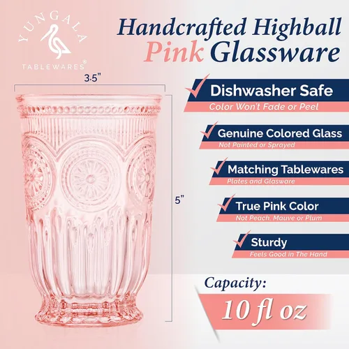 Vista 4 de Paquete de cristalería rosa, colección de cristalería vintage para fiesta, juego de copas de vino rosadas y 6 vasos altos rosados, vasos rosados a