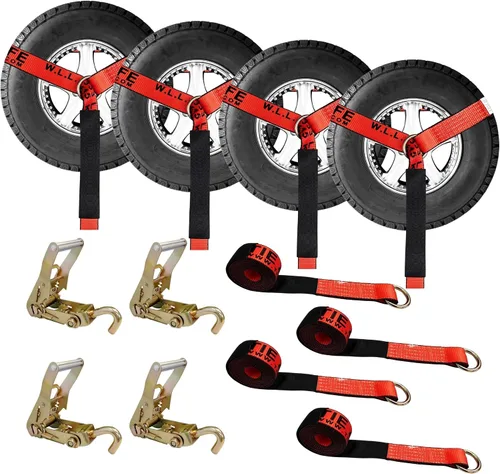 Vista 40 de Mega Cargo Control Correas de Amarre para Automóvil, Paquete de 4 Hebillas de Cola de Cadena de Trinquete G70, Estilo Lazo para Remolques