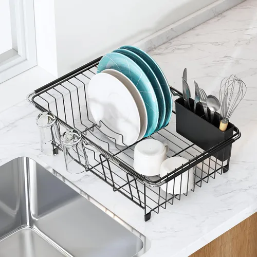Vista 7 de Estante de secado de platos expandible sobre el fregadero en acero inoxidable para cocina pequeña, escurridor de platos moderno y compacto de metal