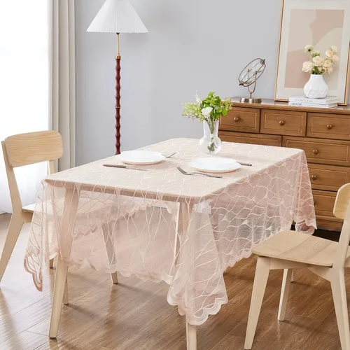 Vista 4 de DECOPOTS Mantel redondo de lino de encaje de 70 pulgadas de diámetro, mantel redondo con diseño moderno de rayas, funda para mesa de comedor